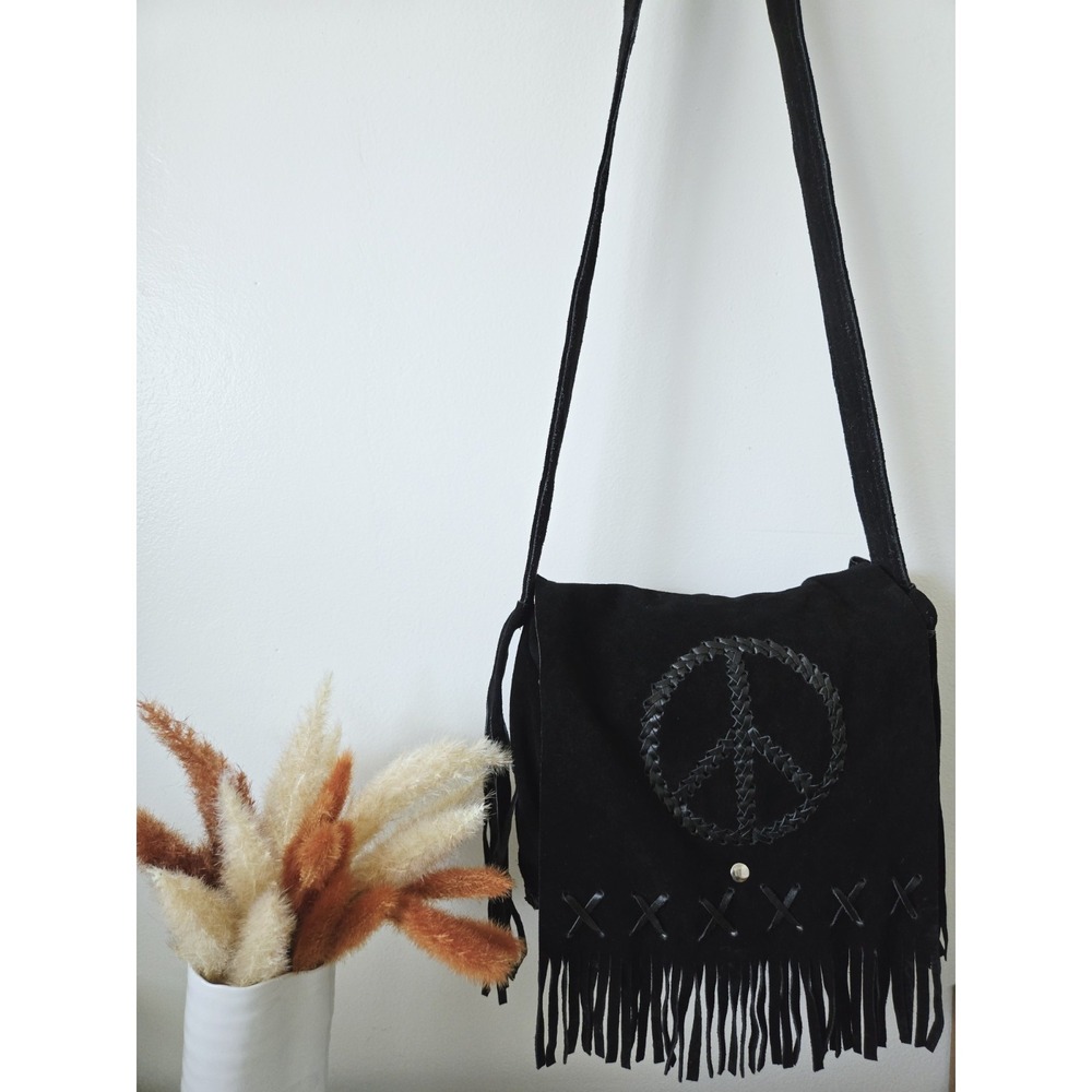 Dream Apparel Black Suede Leather Biker Bag Peace Sign Boho Crossbody Fringe - Picture 2 of 9